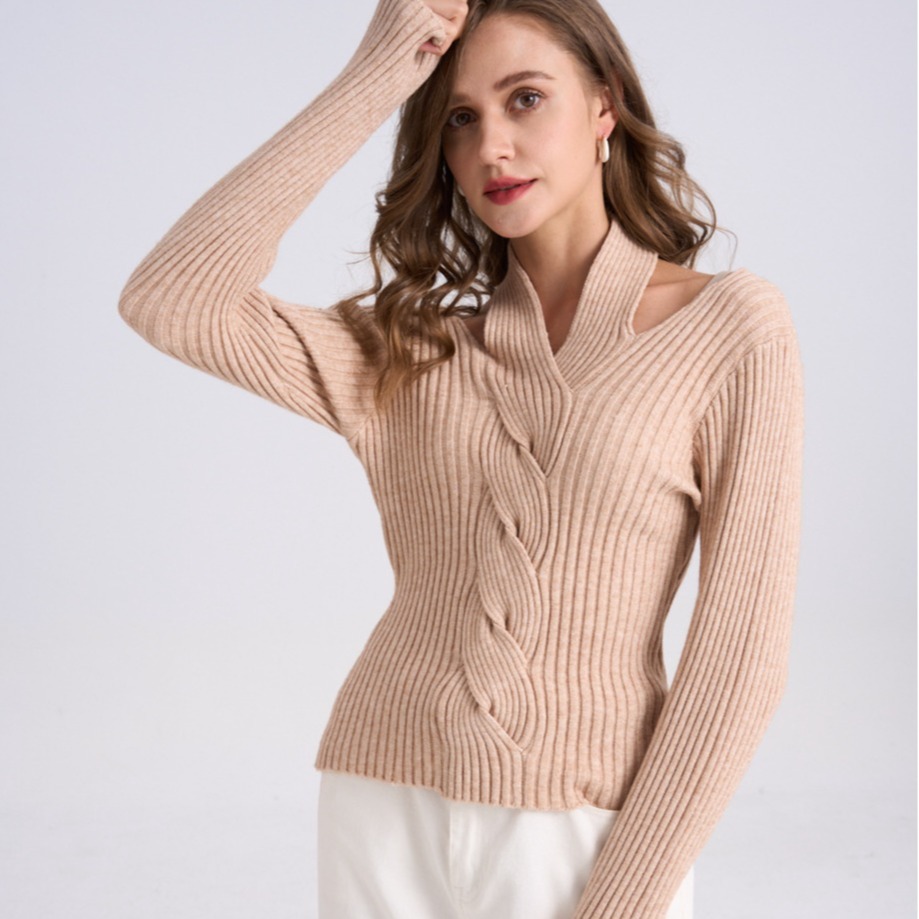 V-Neck Cable Knit Halter Pullover Ribbed Long Sleeve Slim Fit Top