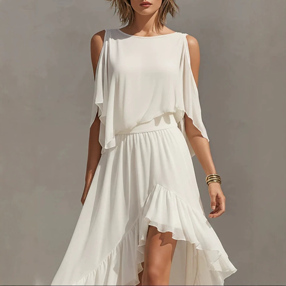 Flowy Ruffle High-Low Maxi Dress with Round Neck