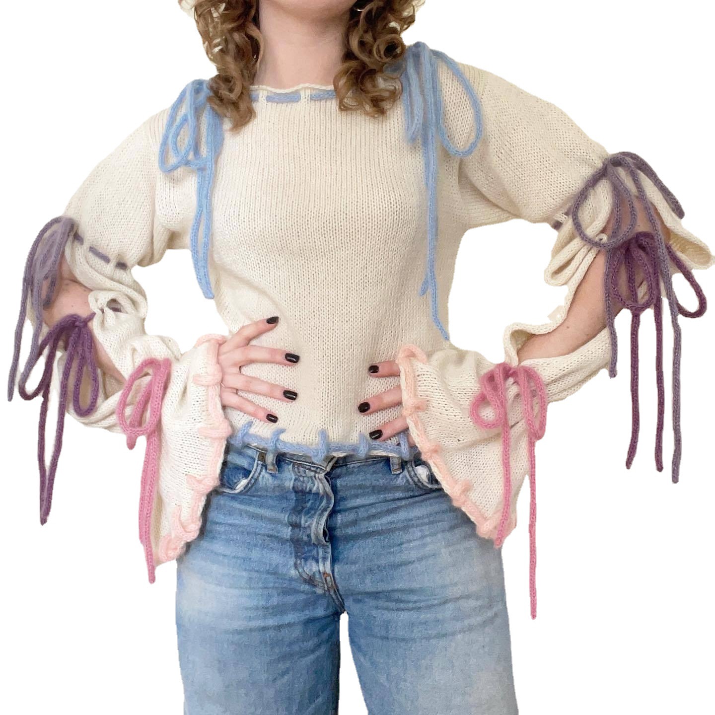 Colorblock Lace-Up Sweater with Bell Sleeves