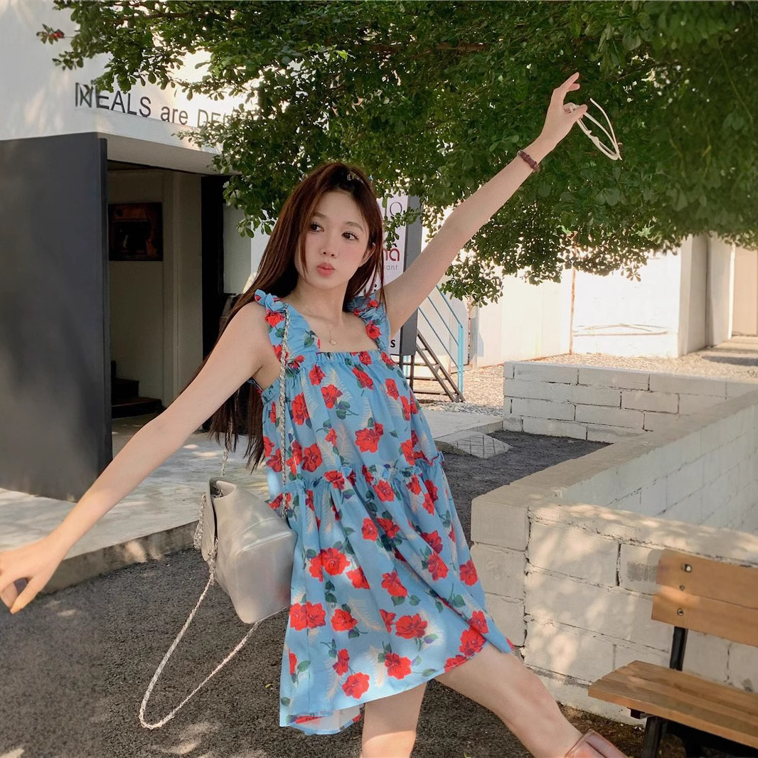 Ruffle Trim Floral Slip Dress Women's Summer Loose Fit Beach Vacation Sweet Short Dress