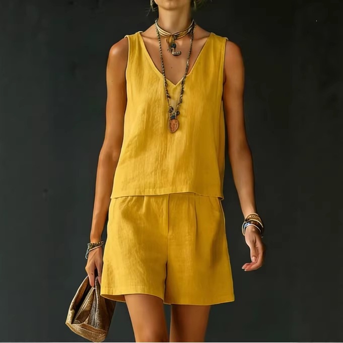 Women's Sleeveless Linen-Cotton Vest and Shorts Set Solid Color Two-Piece