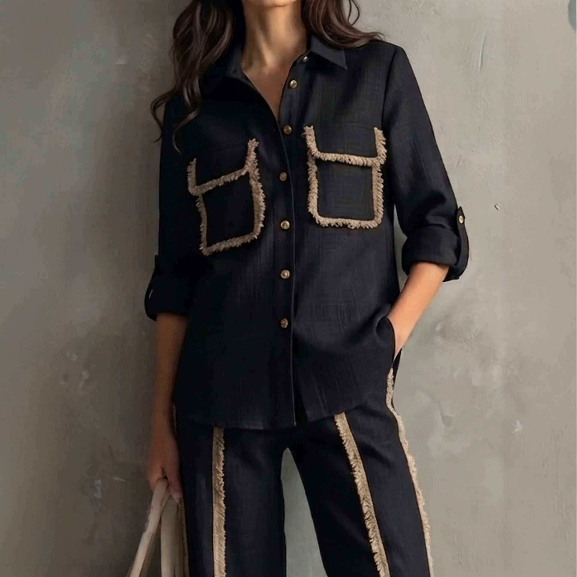 Minimalist Cropped Button Pocket Fringe Two-Piece Women's Set