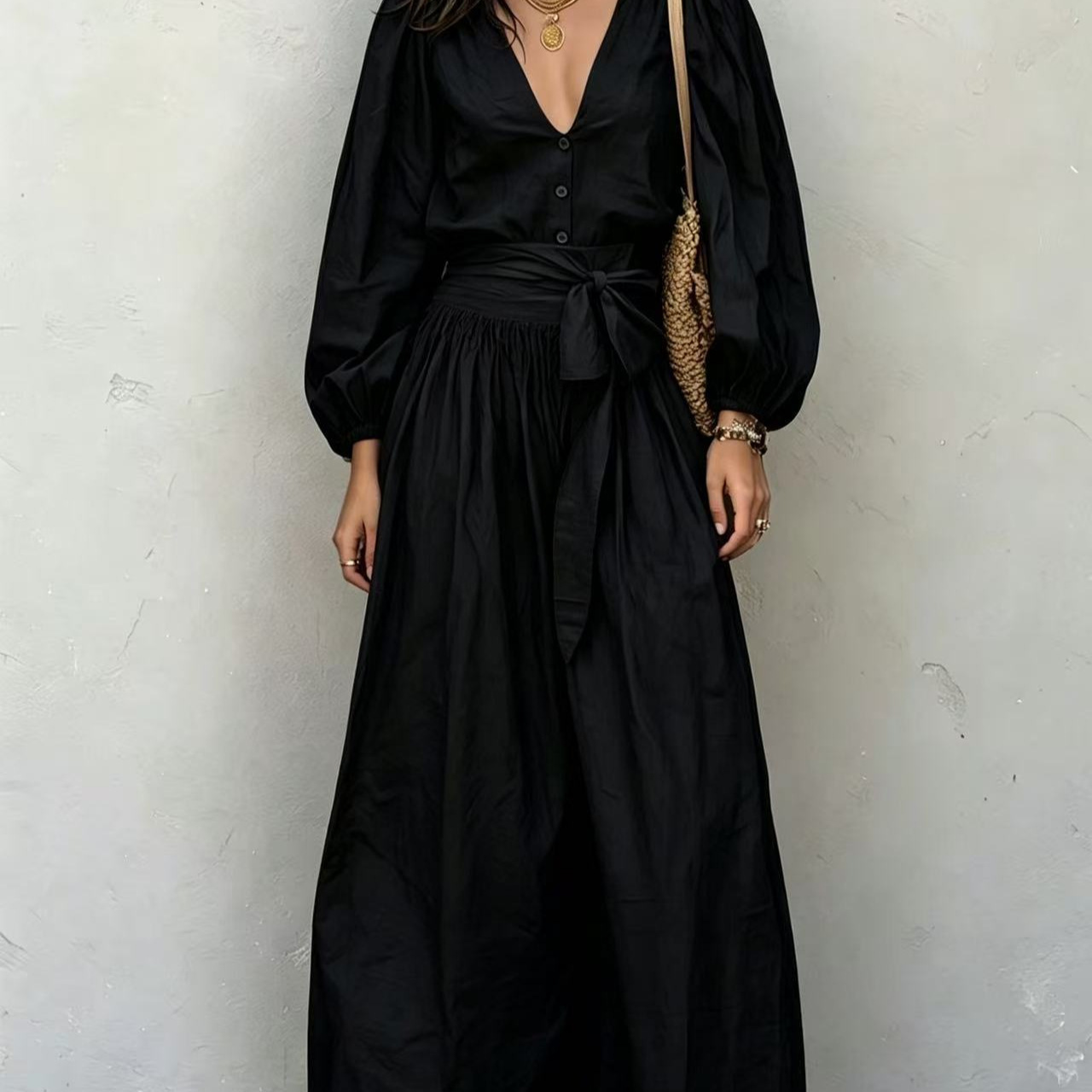 V-Neck Long-Sleeve Tie-Waist Pleated Pants Set