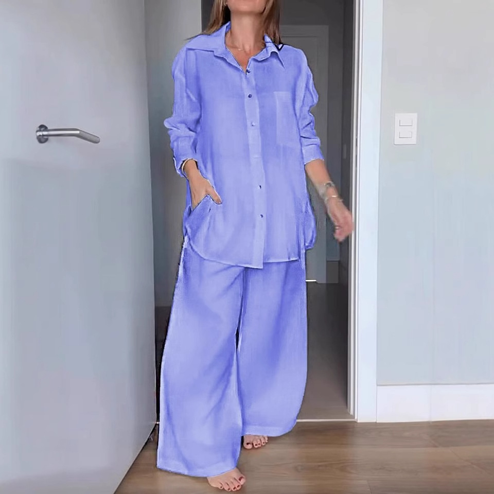 Women's Casual Linen-Blend Shirt and Pants Set with Colorblock Detail