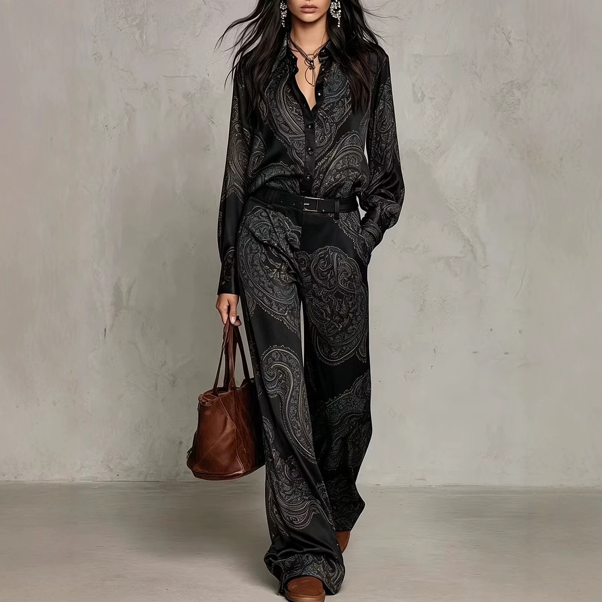 Paisley Print Long Sleeve Shirt and Wide Leg Pants Set