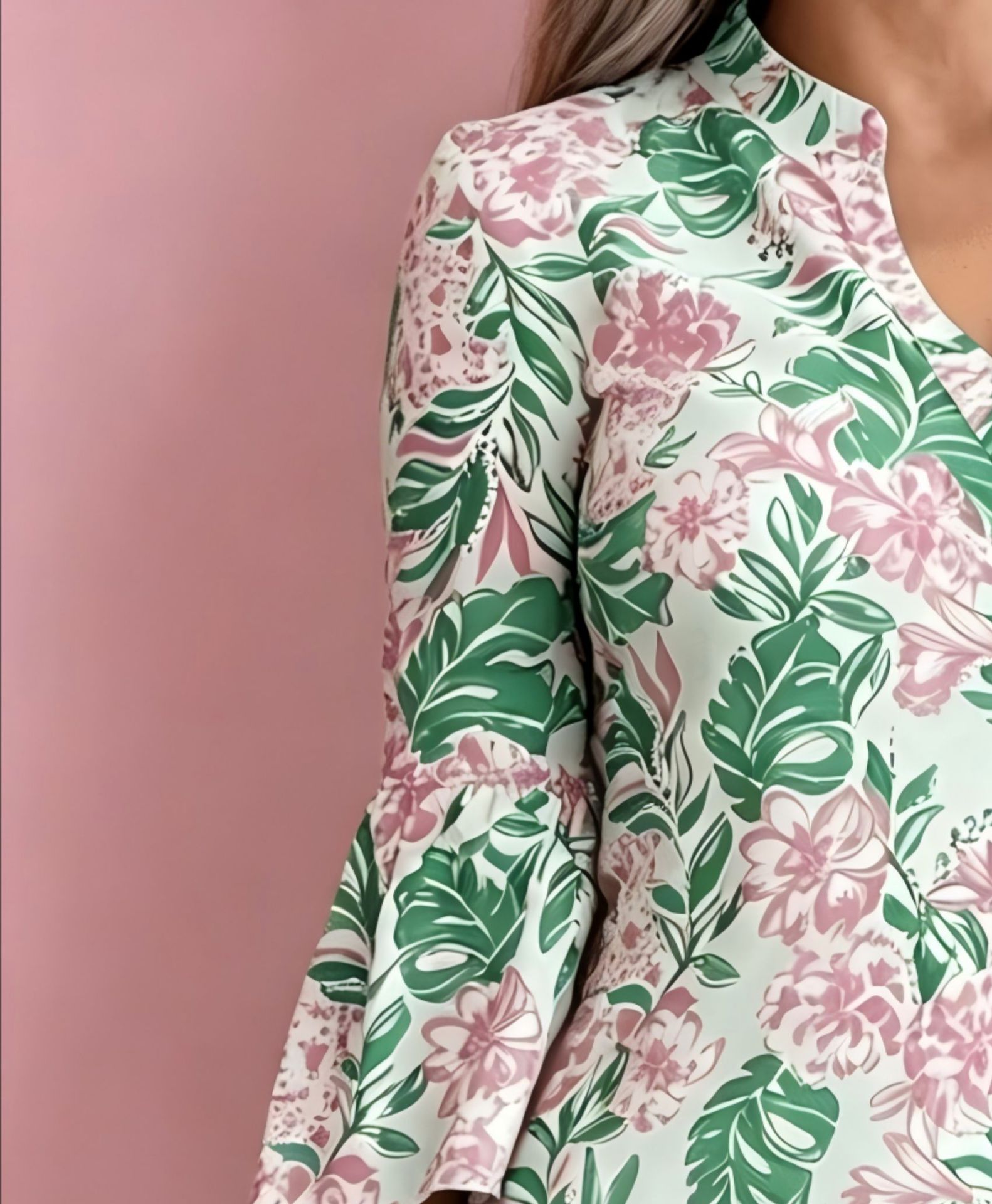 Women's Floral Leaf Print Casual Midi Dress with Deep V-Neck and Five-Quarter Sleeves