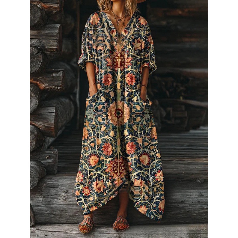 Women's Floral Ripple Print V-Neck A-Line Midi Dress Long Sleeve