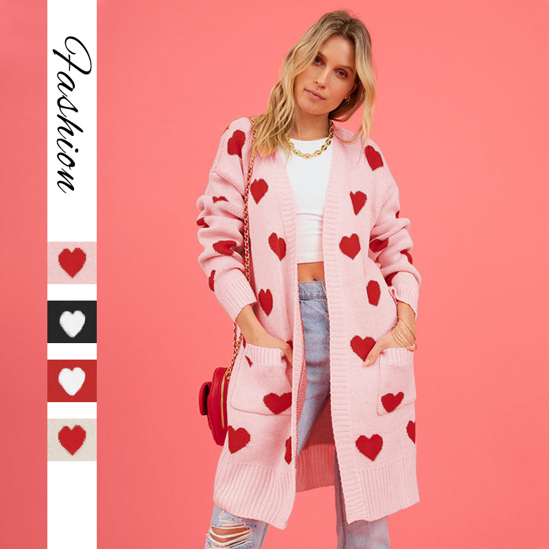 Heart Jacquard V-Neck Midi Cardigan Sweater Coat with Pockets