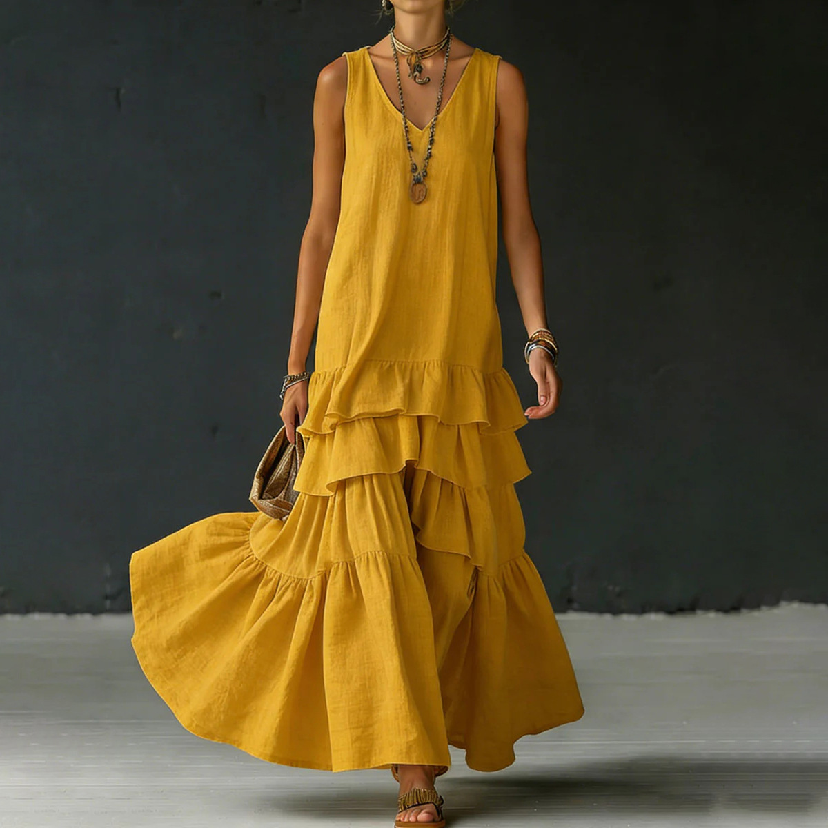 Women's Summer Beach Vacation Dress Solid Color Tiered Maxi Dress