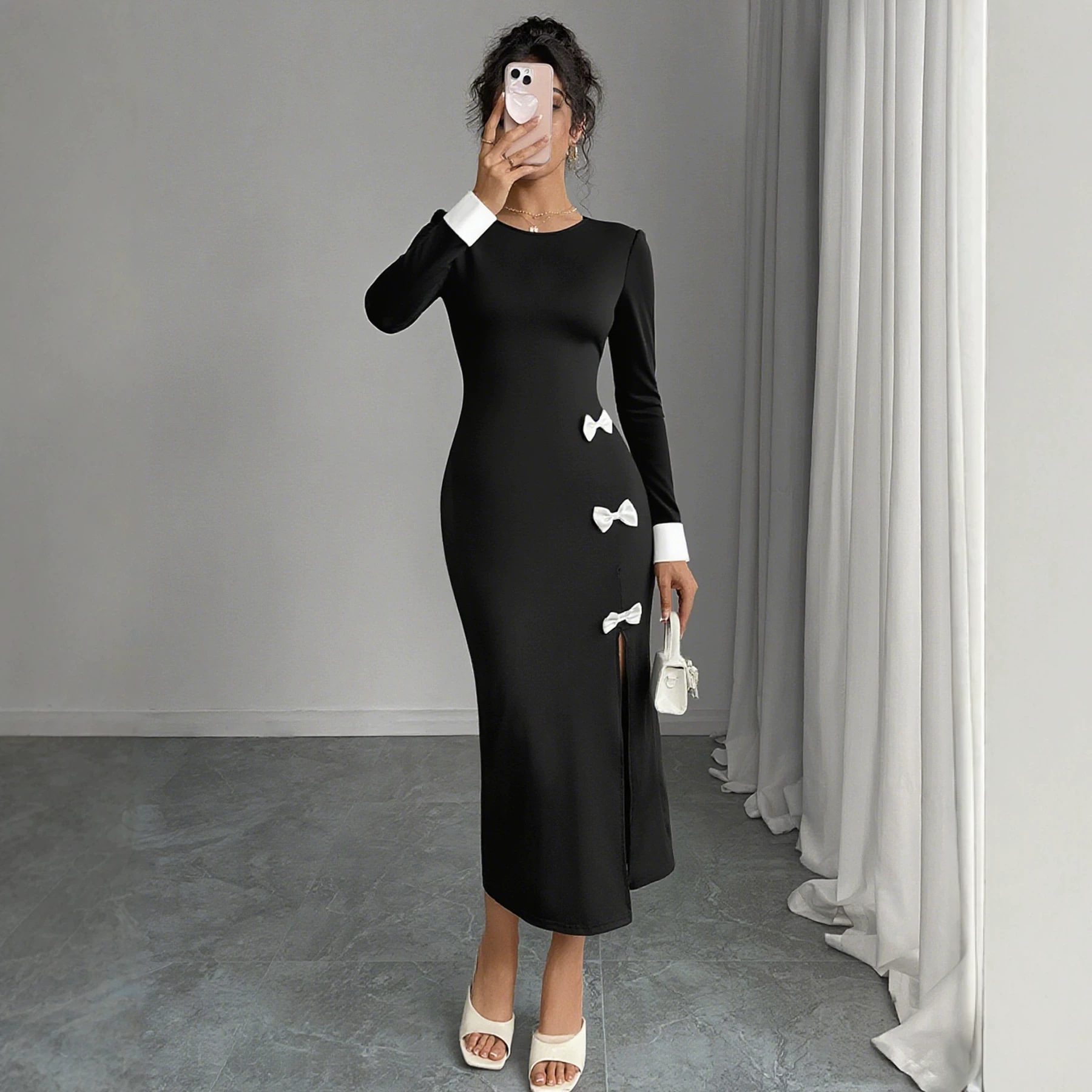 Elegant Slim-Fit Long-Sleeve Dress with Bow and Slit