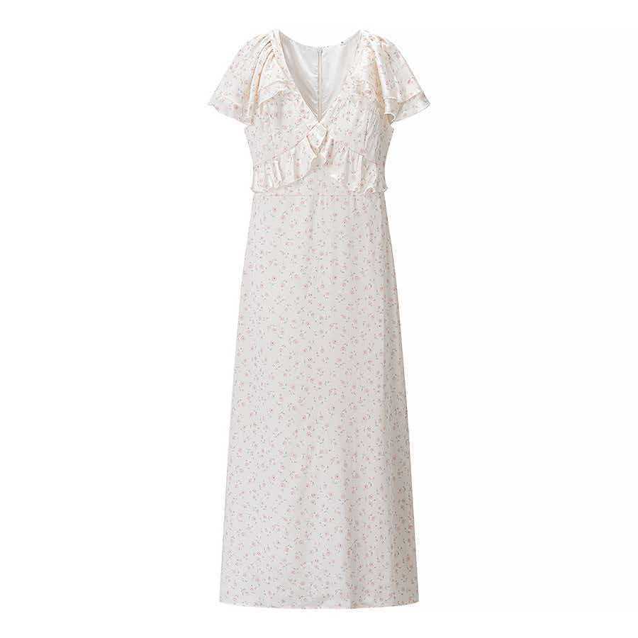 Floral Ruffle V-Neck Slim Fit Midi Dress