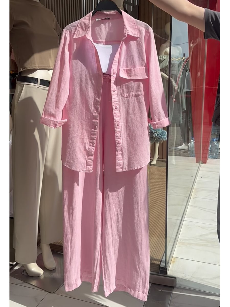 Women's 2-Piece Cotton-Linen Shirt and High-Waist Wide-Leg Pants Set