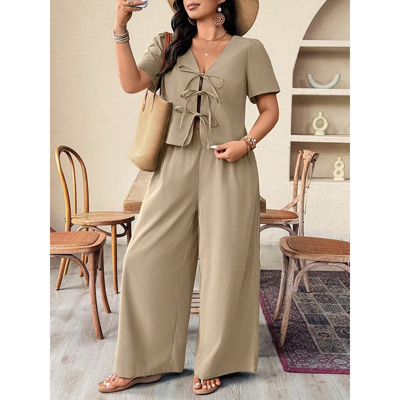 Plus Size Khaki Tie-Front V-Neck Back Cutout Top and Wide-Leg Pants Set