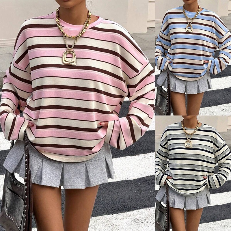 Women's Color-Block Striped Crewneck Pullover Sweatshirt