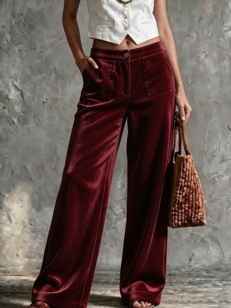Velvet High-Waist Straight-Leg Pants with Pockets