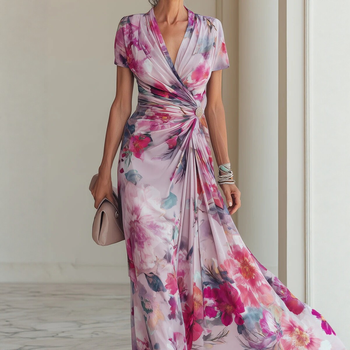 French V-Neck Short Sleeve Watercolor Floral Knot-Waist Flowy Maxi Dress