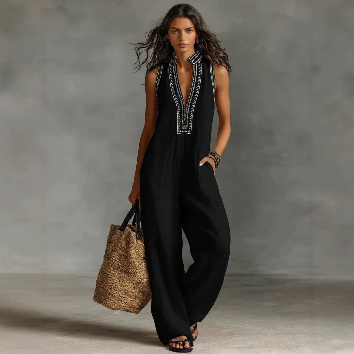 Women's Sleeveless Linen-Blend Wide-Leg Jumpsuit with Zip Stand Collar Embroidery