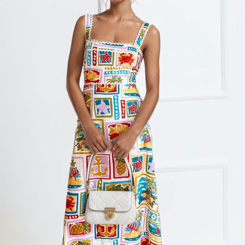 Women's Floral Print Cami Dress High Waist Square Neck Maxi