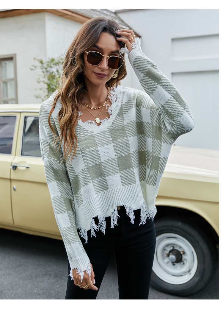 Women's Loose Cropped V-Neck Fringe Knit Sweater