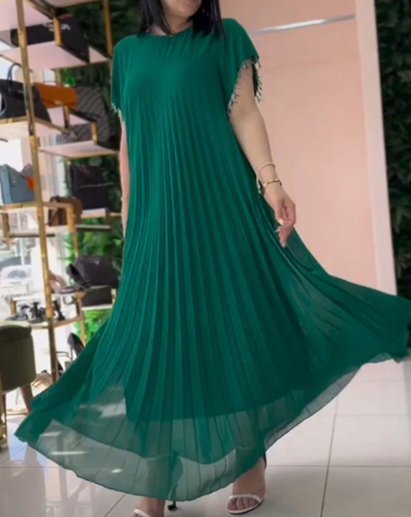 Women's Solid Color Round Neck Short Sleeve Pleated Dress