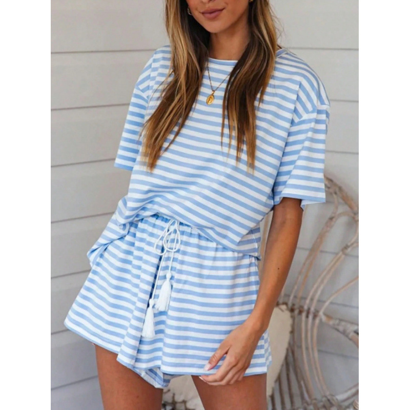 Women's Color-Block Striped Short Sleeve Shorts Lounge Set