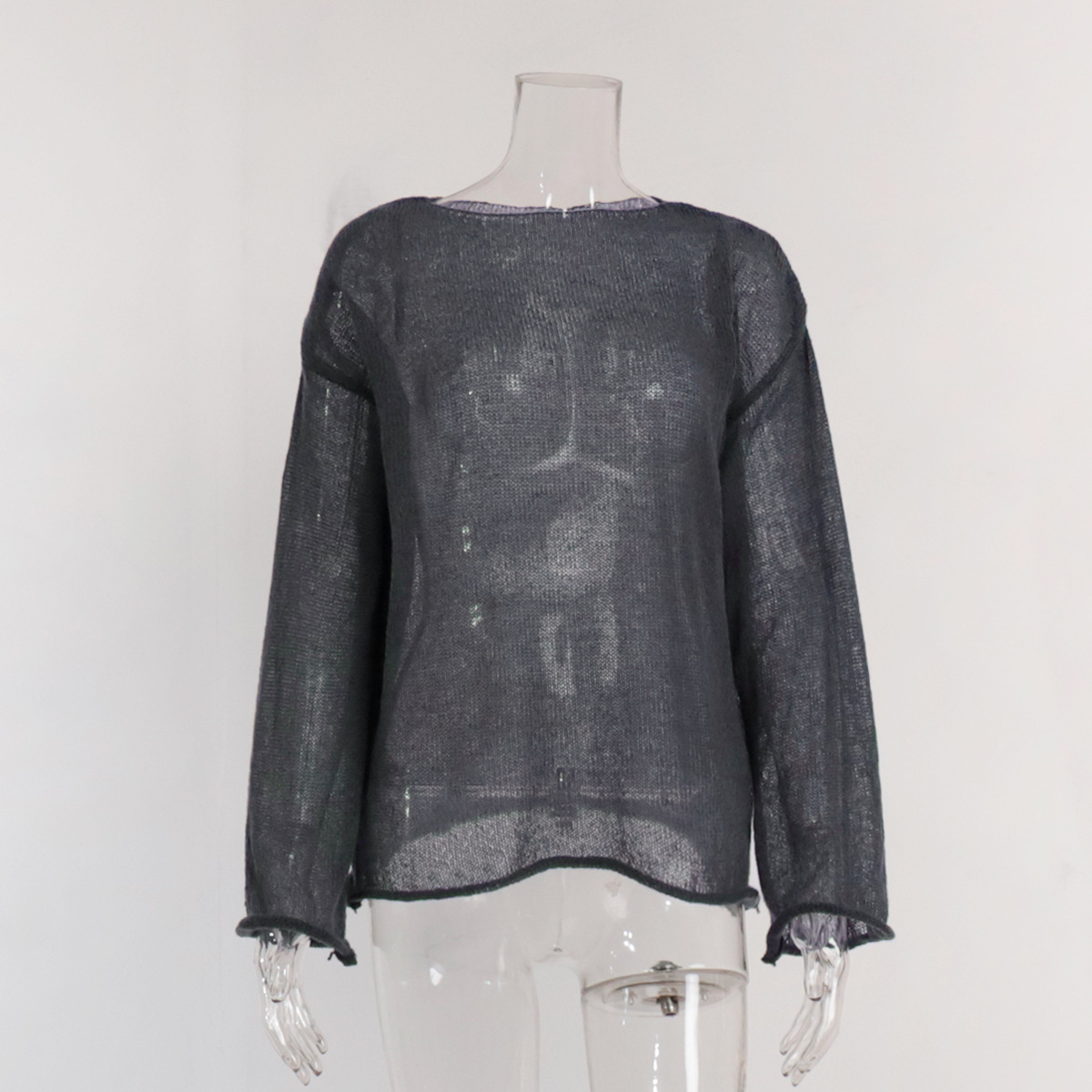 Openwork Knit Top Sheer Crewneck Flared Sleeve