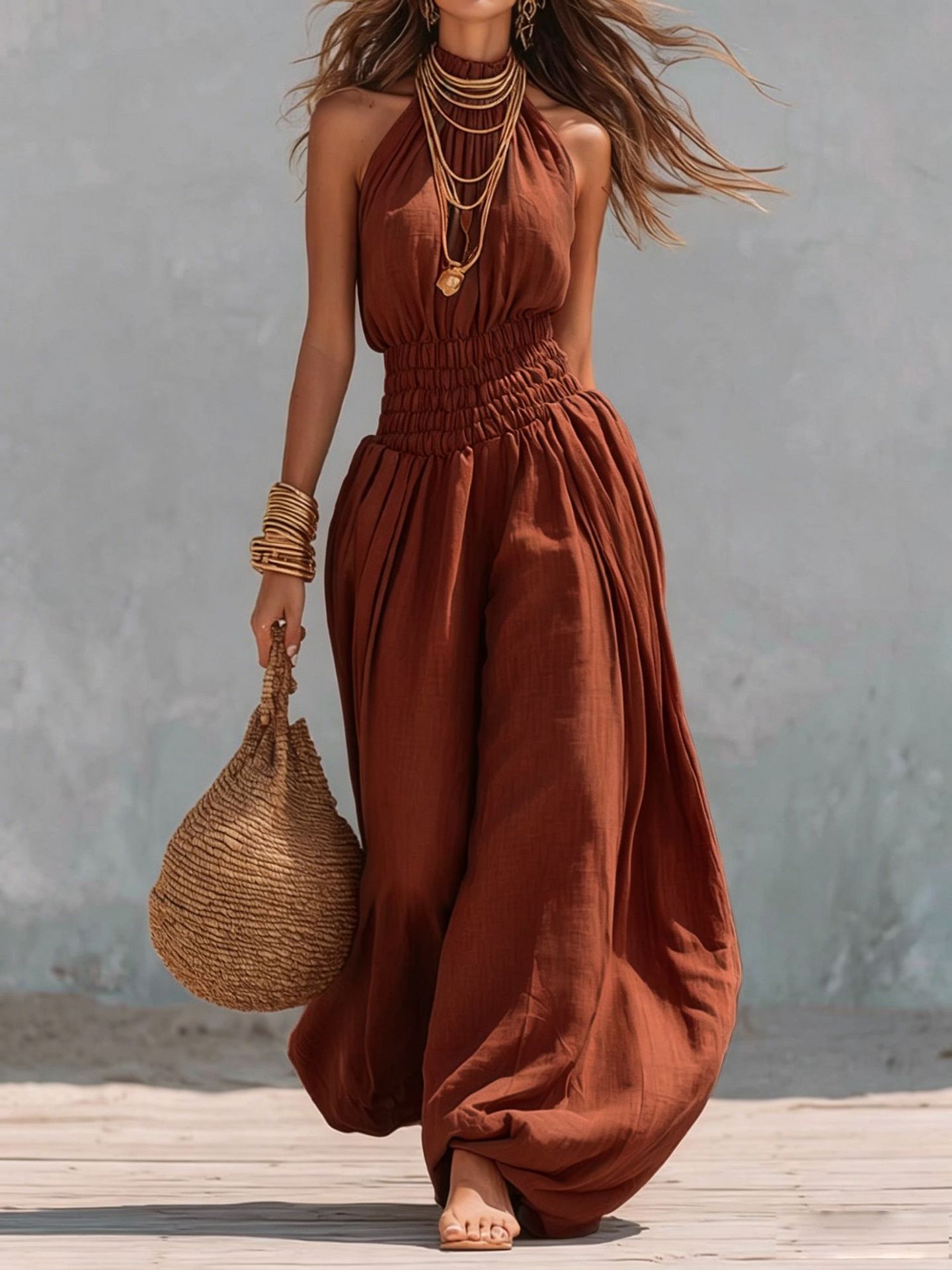 Women's Sleeveless Halter Lantern Jumpsuit Streetwear Solid Color