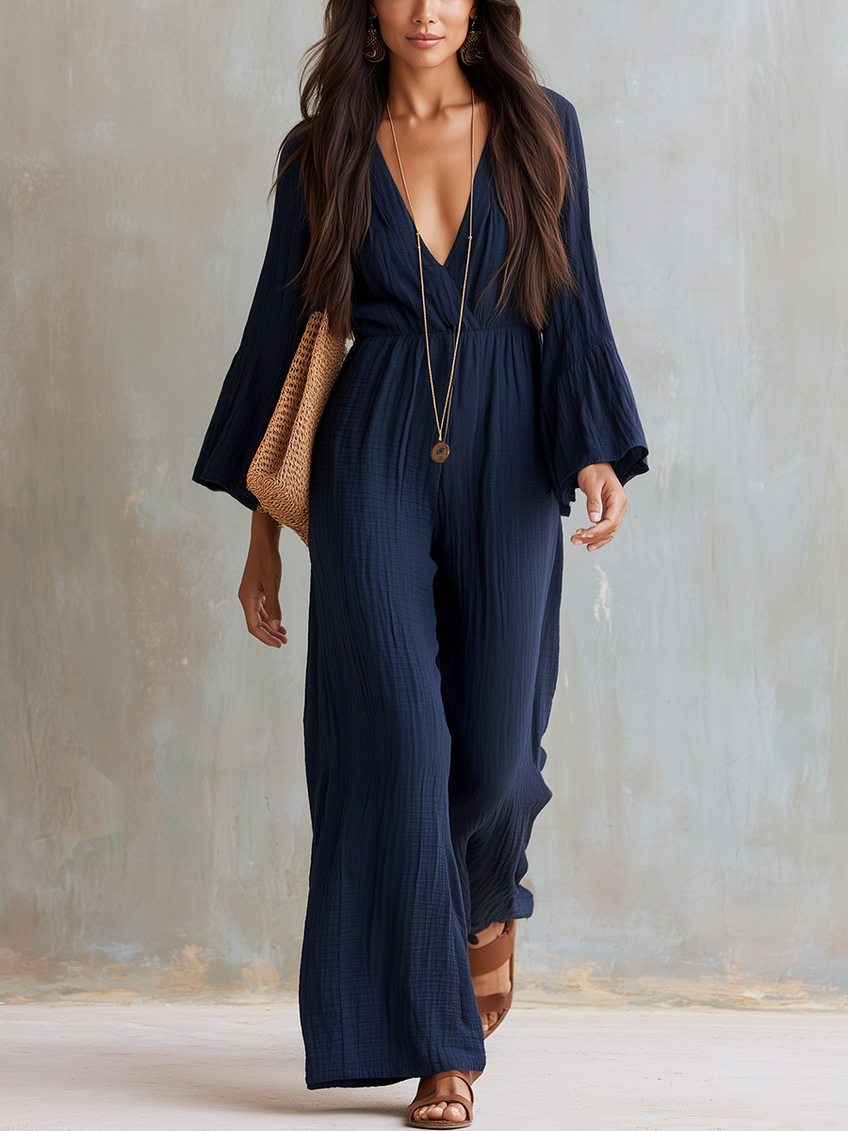 Women's Long Sleeve V-Neck Boho Wide Leg Jumpsuit