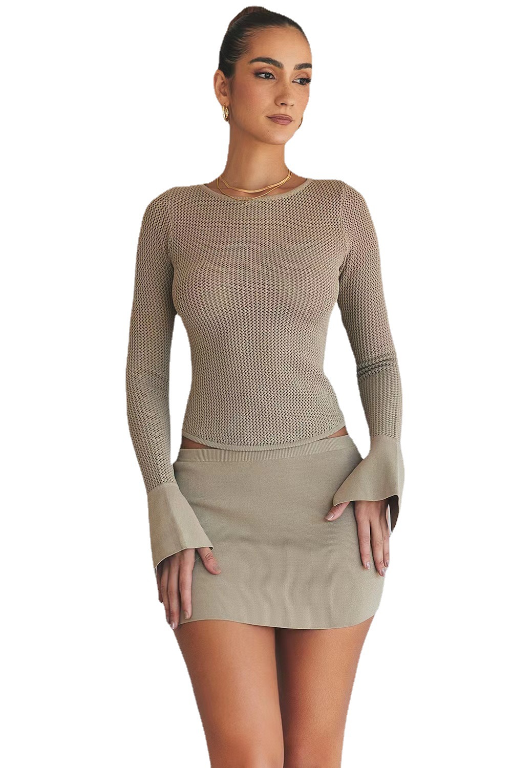 Solid Knit Top with Flared Sleeves Slimming Long Sleeve Crew Neck
