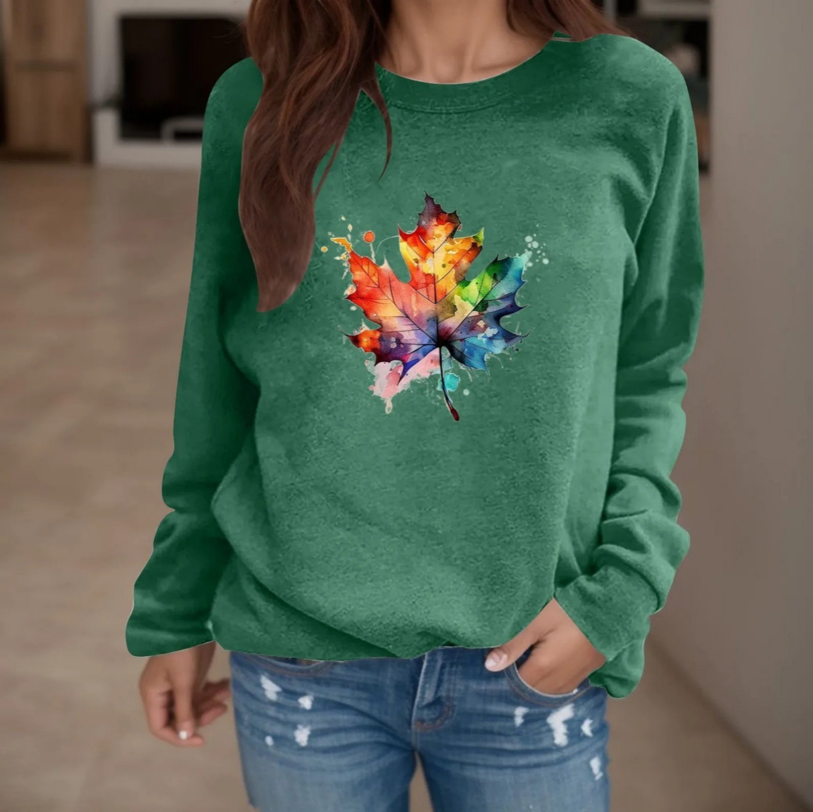 Women's Colorful Maple Leaf Print Crewneck Sweatshirt