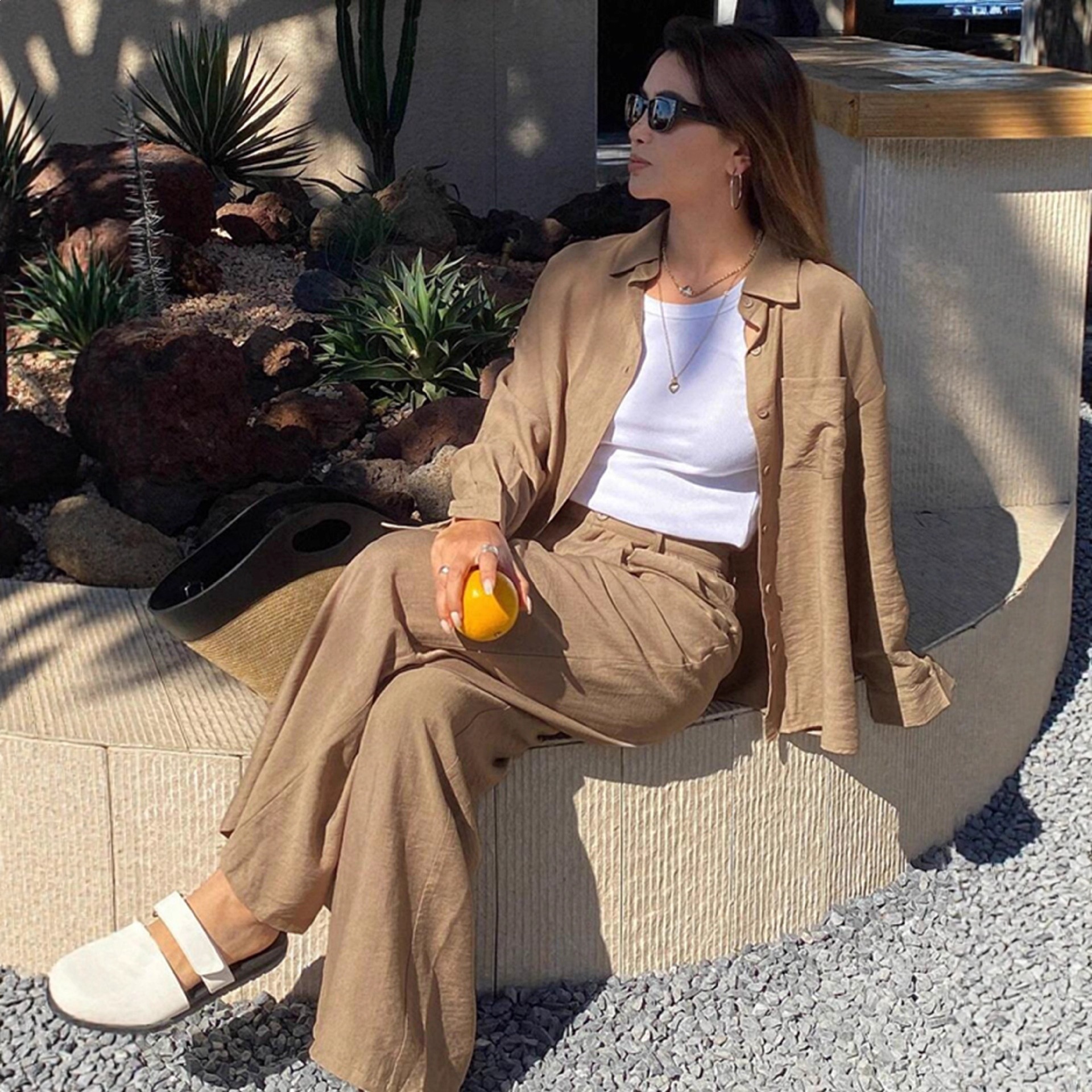 Women's Button-Down Shirt and Pants Two-Piece Set, Loose Casual