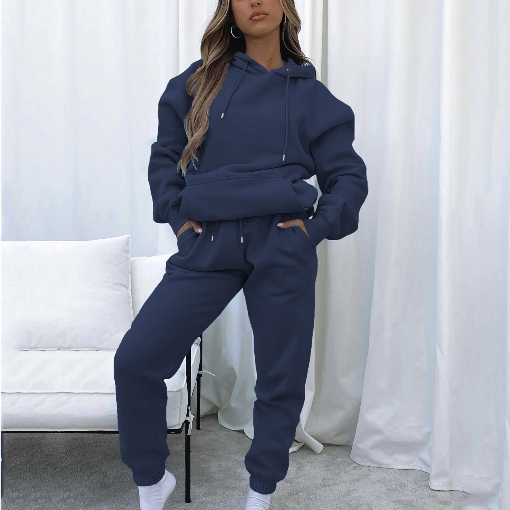Women's Solid Hooded Long Sleeve Sweatshirt and Pants Set with Pockets