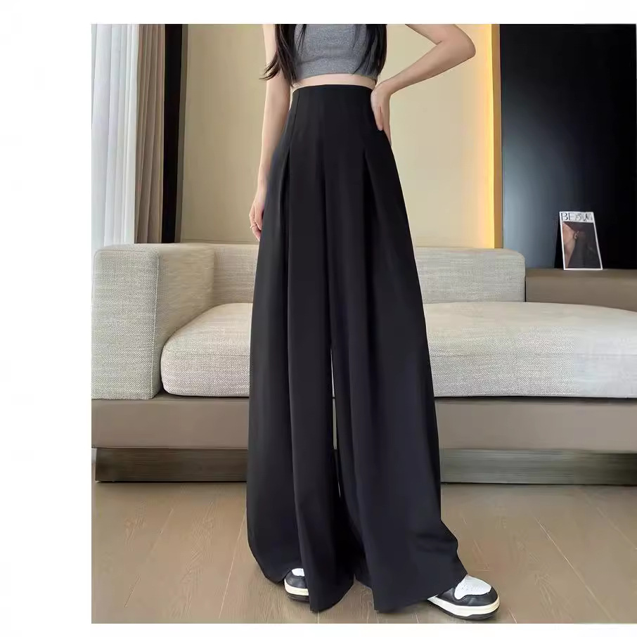 Women's High-Waist Wide-Leg Pants Solid Color Drapey Slimming Long Trousers