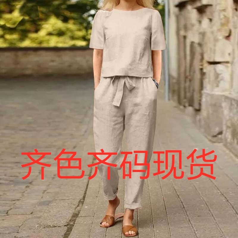 Women's Cotton Linen Half-Sleeve O-Neck Top and Wide-Leg Pants Retro Set