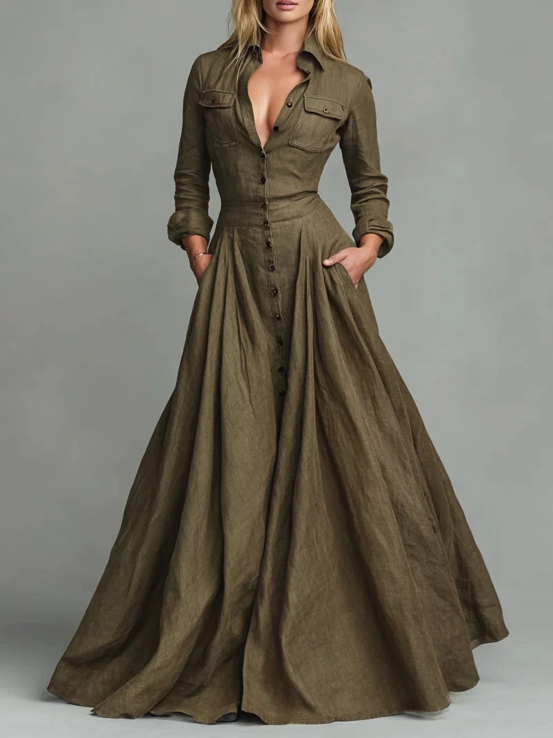 Solid Button Shirt Collar Long Sleeve Maxi Dress