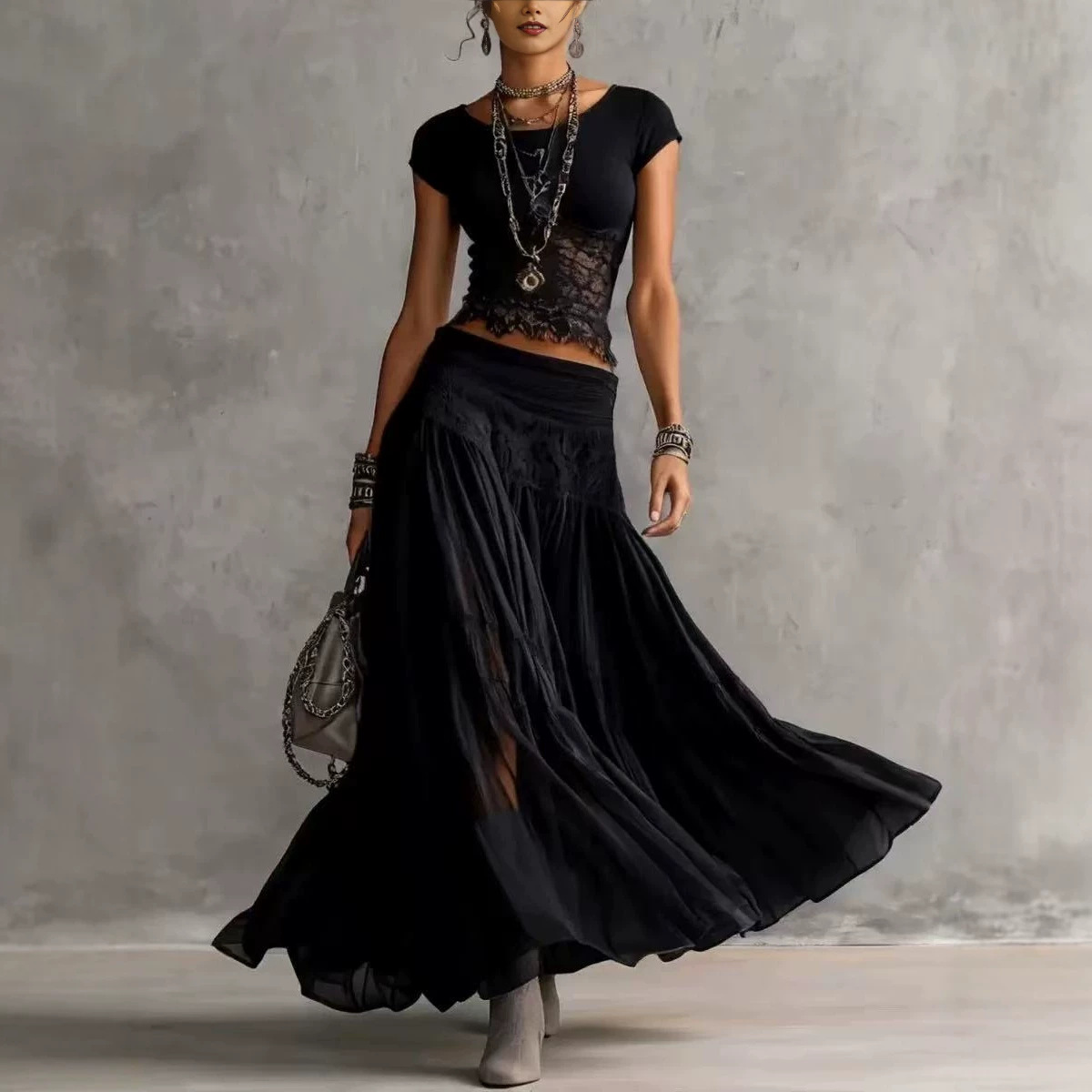 Gray Knit Top & Chiffon Maxi Skirt Two-Piece Set