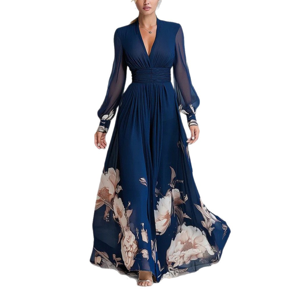 Women's Long Mesh Panel French Slim Fit Floral Print Dress