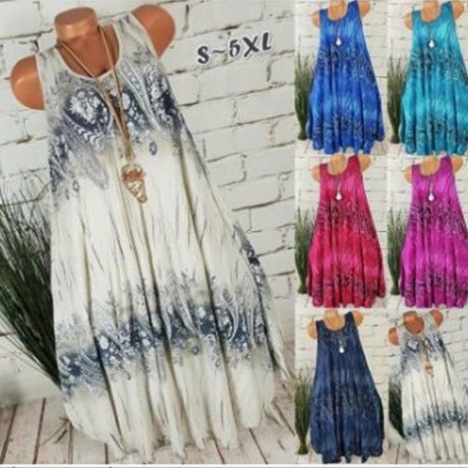 Women's Digital Print A-Line Midi Dress Sleeveless High Waist