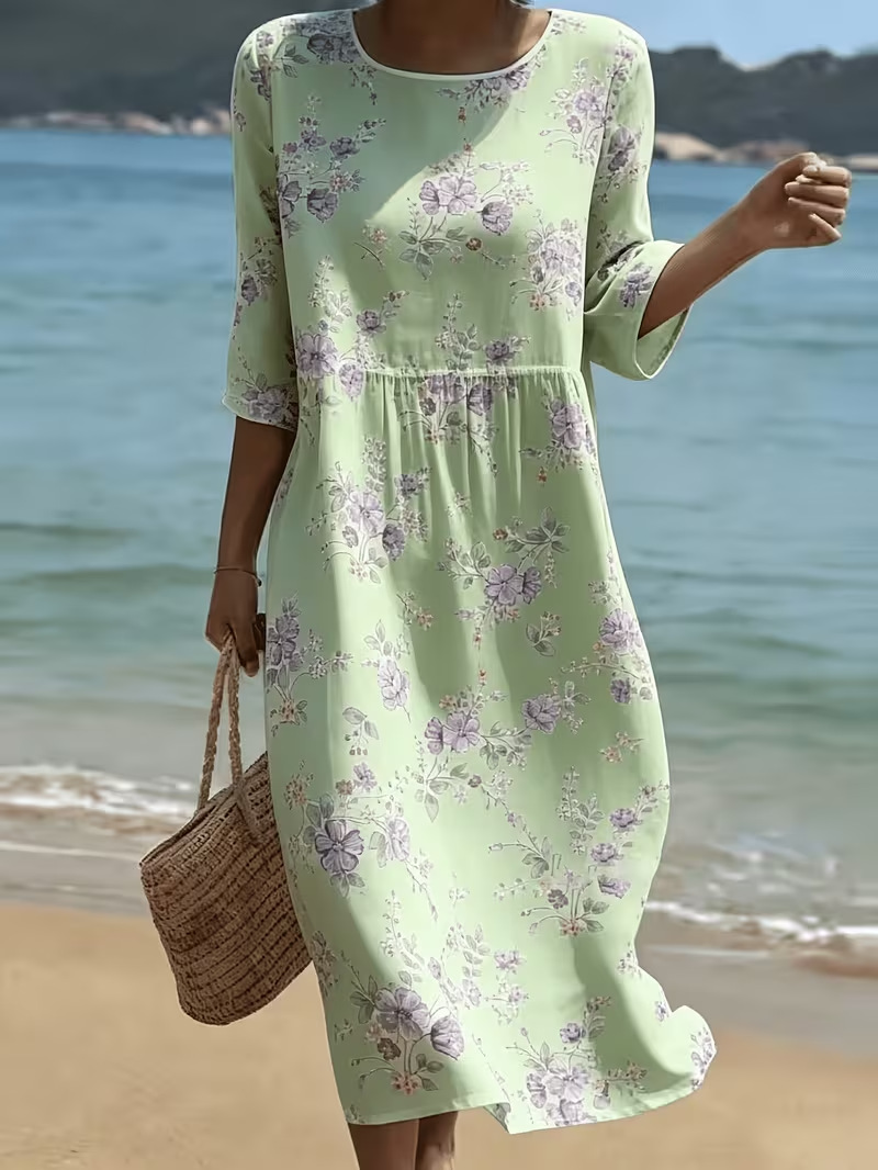 Women's Floral Print Ruched Midi Dress Crew Neck Half Sleeve