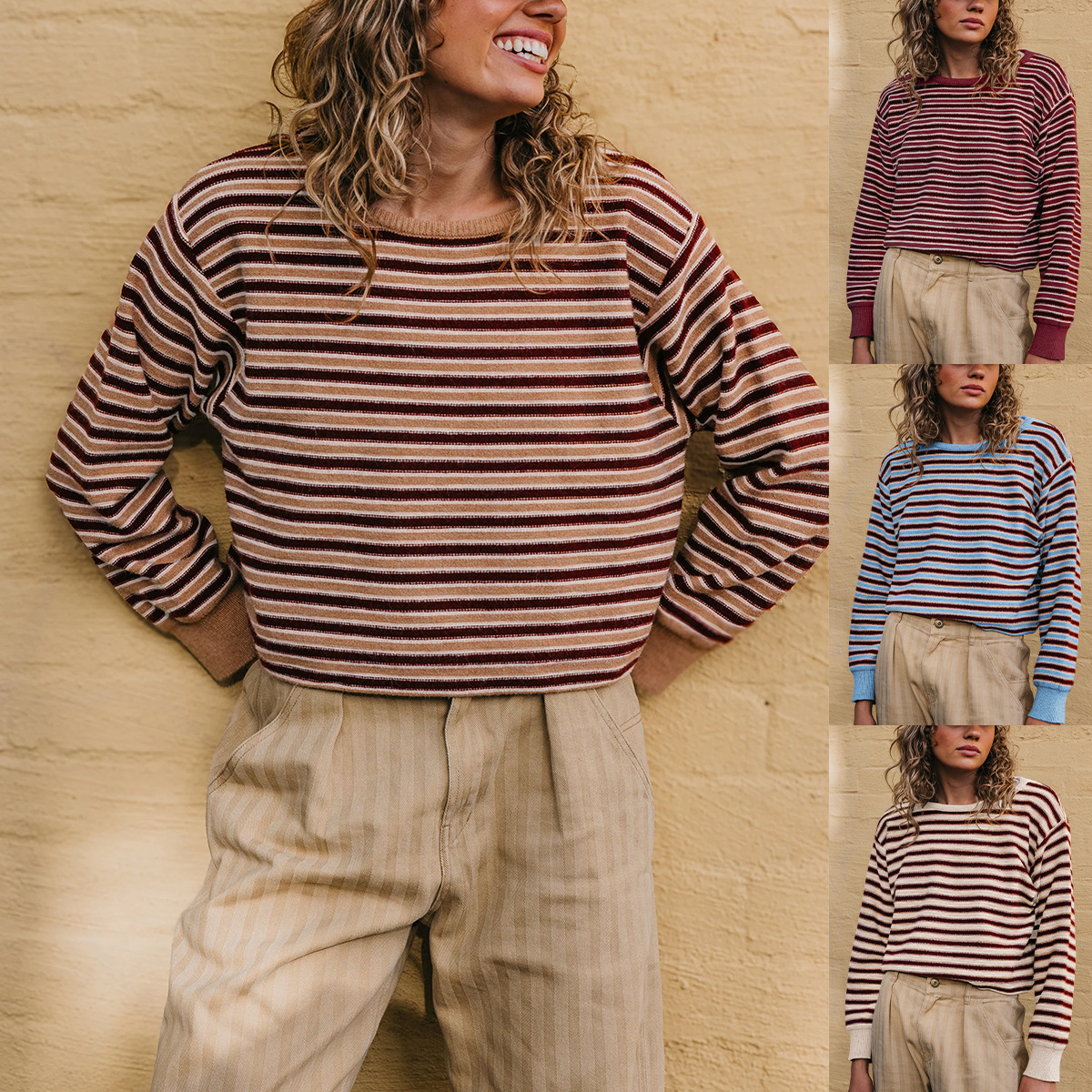 Women's Striped Crewneck Knit Sweater Colorblock Loose Fit