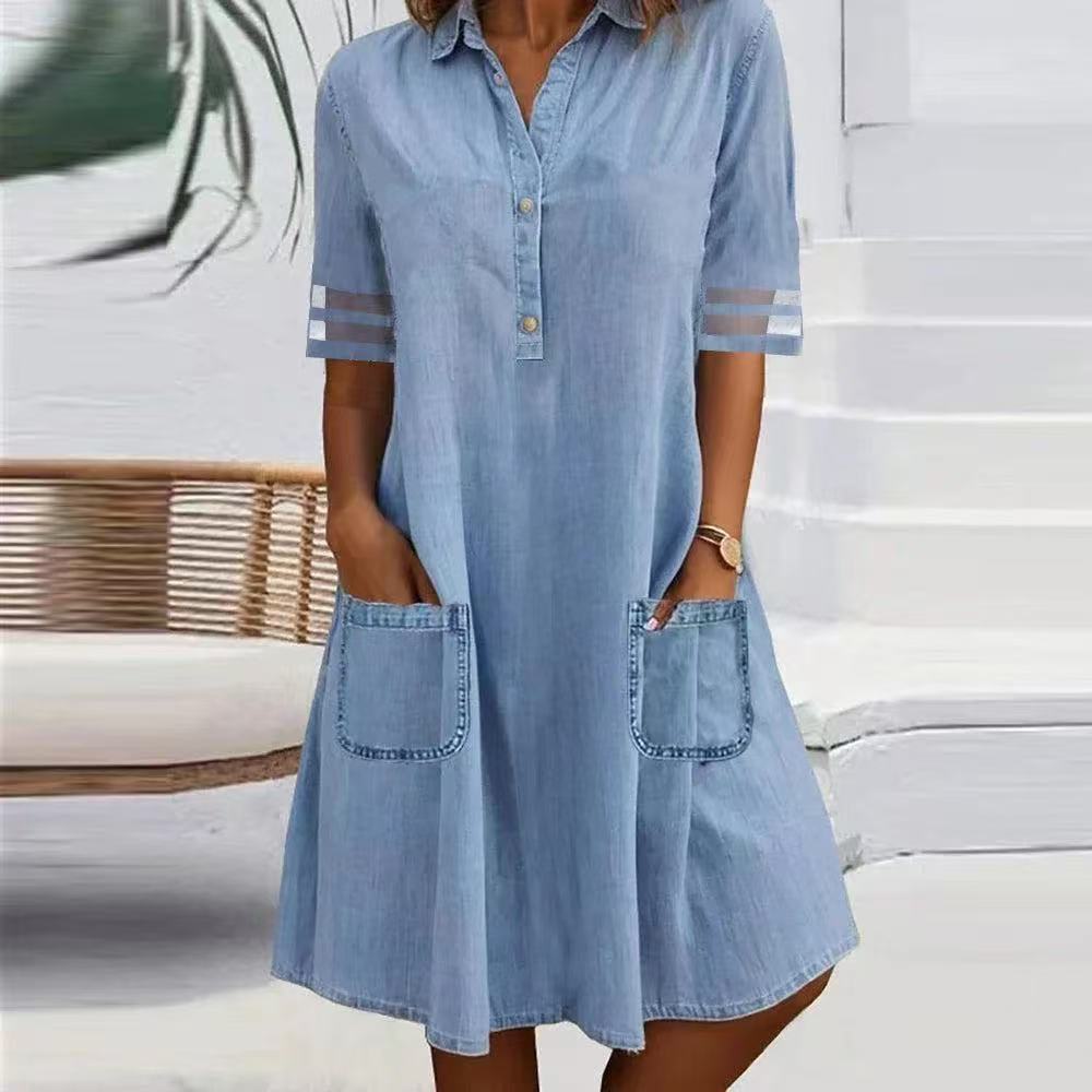 Denim Washed Mesh Short Sleeve Pocket Shirt Dress