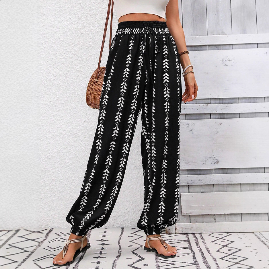 Women's Grid Wide-Leg Lantern Pants High Waist Loose Fit