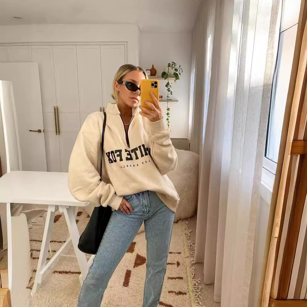 Casual Half-Zip Print Long-Sleeve Pullover Hoodie