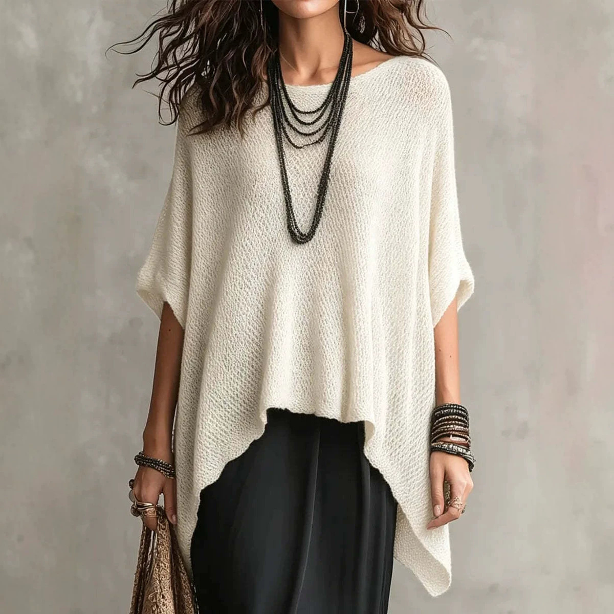 Women's Open Knit Top with Round Neck, Asymmetrical Hem, and Dolman Sleeves