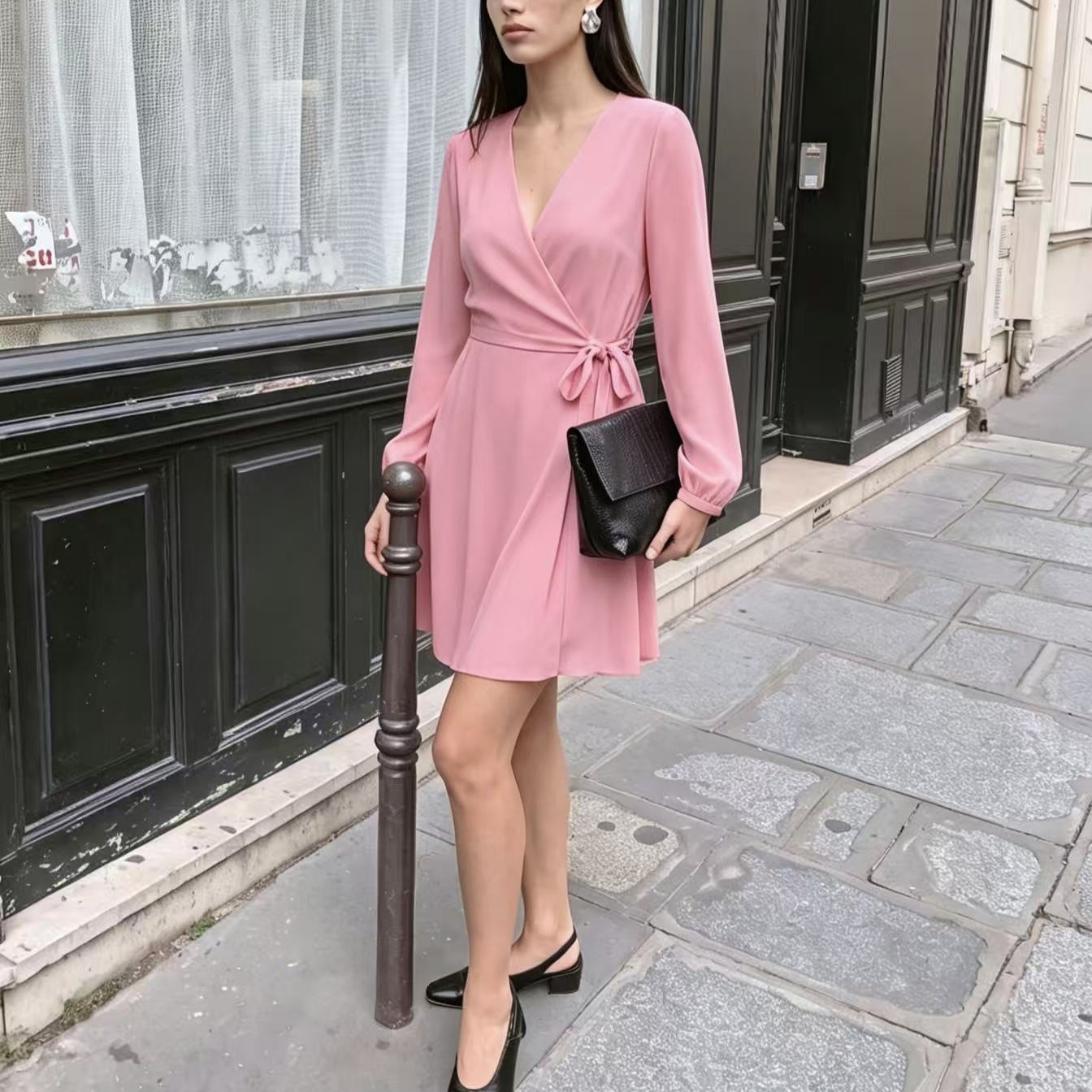 V-Neck Wrap Dress with Long Puff Sleeves and Waist Tie