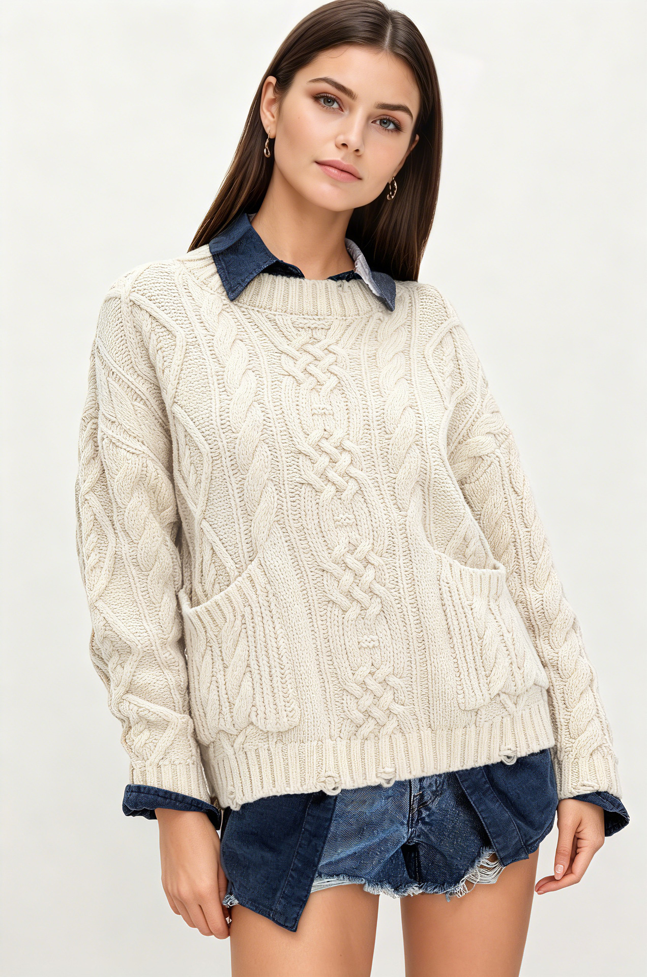 Cable-Knit Crewneck Pullover Sweater with Pockets