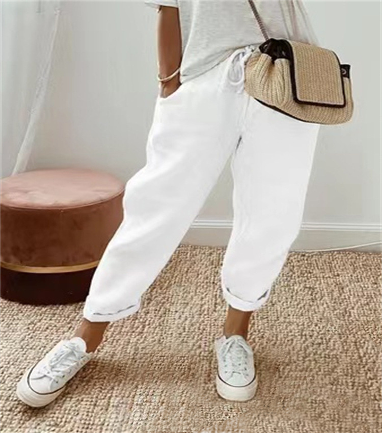 Women's Cotton-Linen Elastic Waist Casual Pants with Pockets