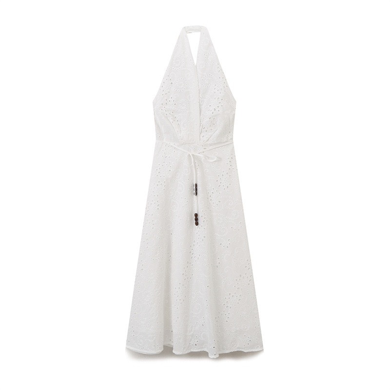 Women's Cutout Embroidered Halter Neck Waist-Cinching Dress