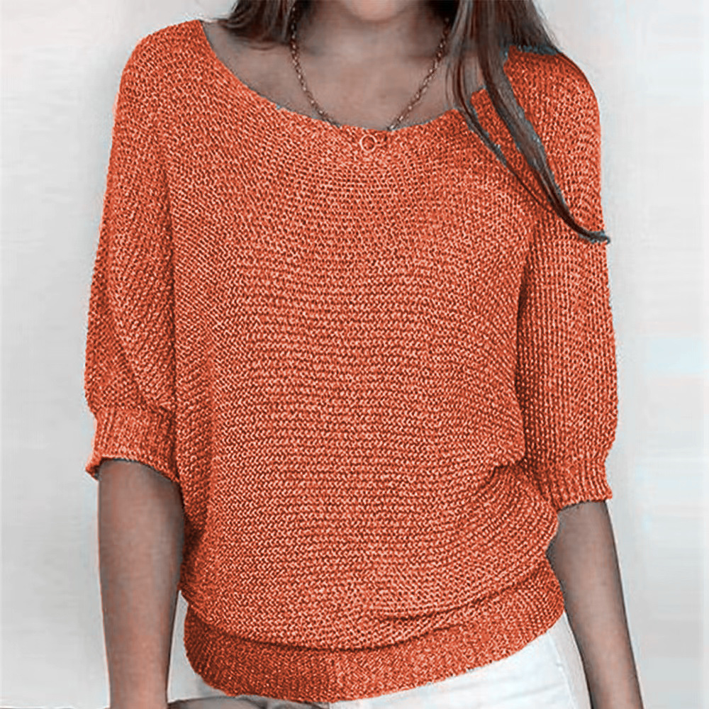 Women's Solid Crewneck Knit Top with Three-Quarter Sleeves