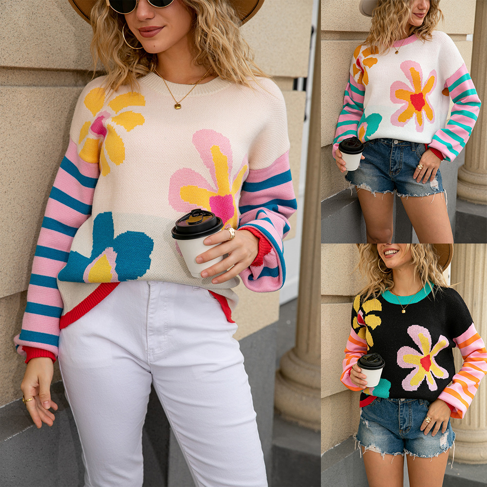 Women's Striped Floral Knit Sweater Colorblock Crew Neck Long Sleeve